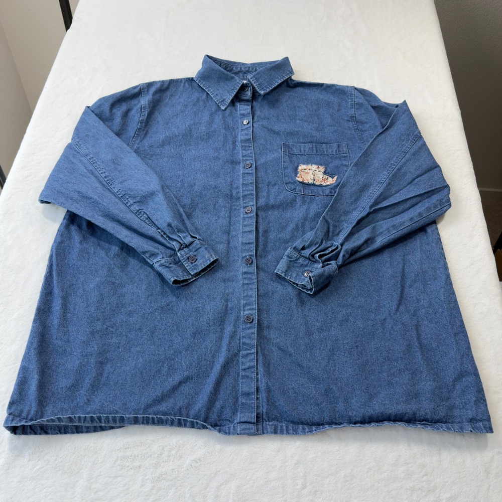 The Bradford Exchange Denim Shirt Womens 2X Blue Good Embroidered Cat Kitten - Picture 3 of 12
